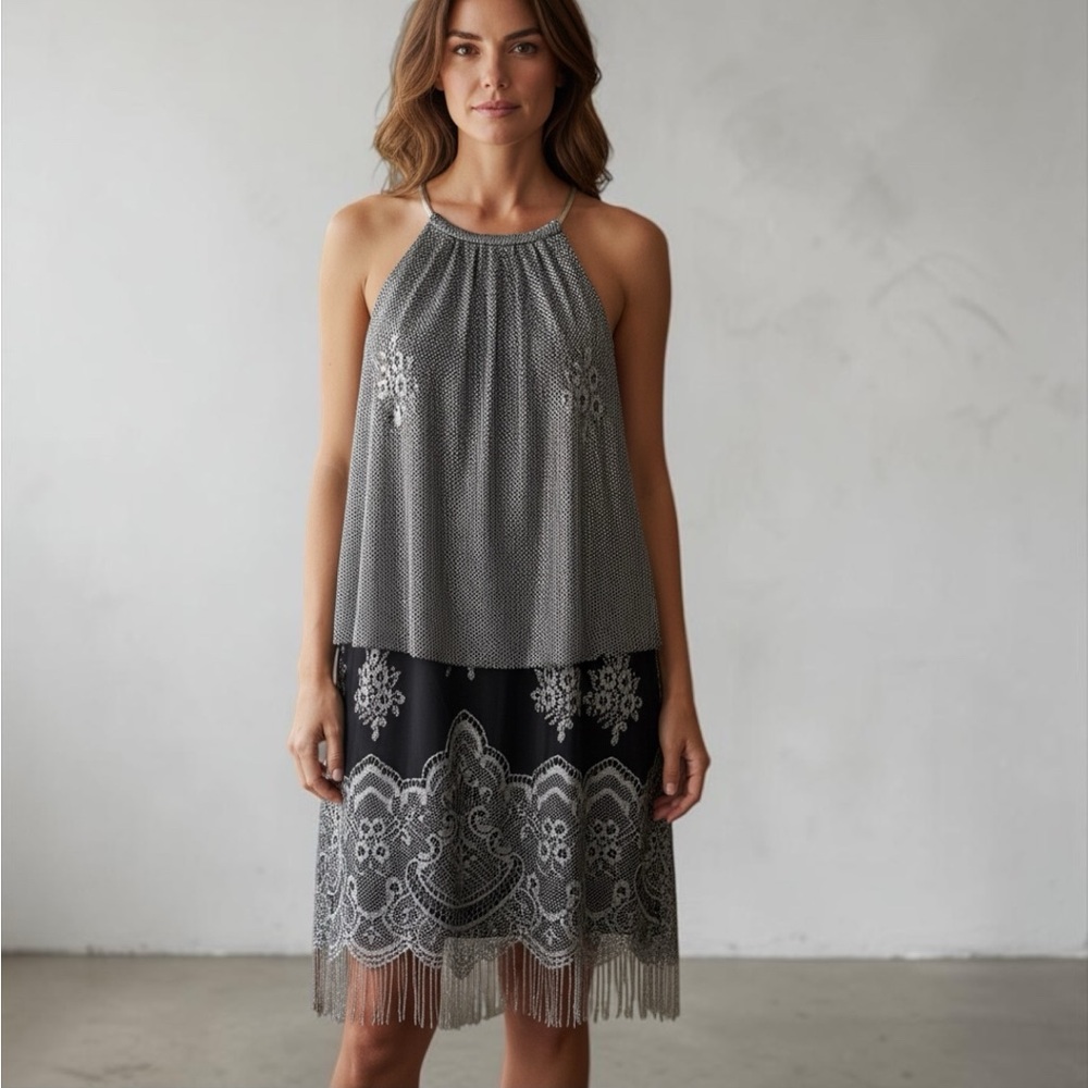 SL Silver Metallic Lace Fringe Halter Dress